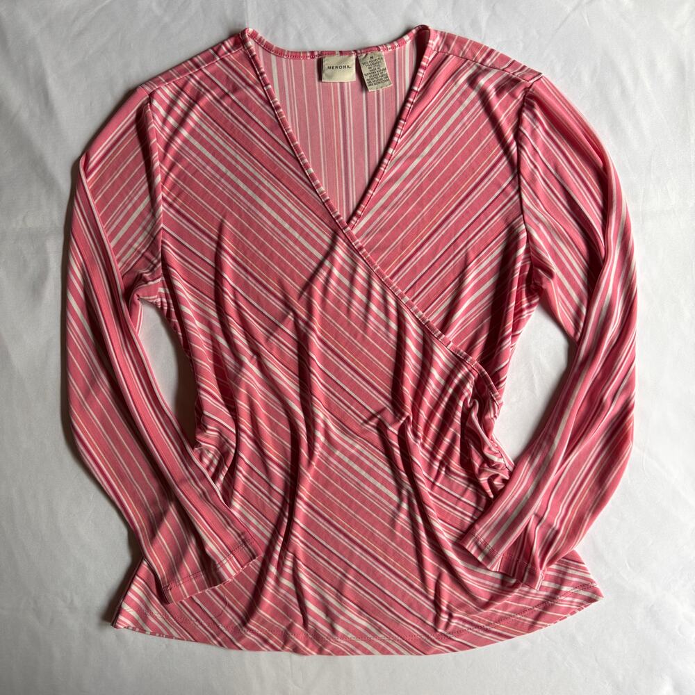 Merona Pink Striped Faux Wrap Long Sleeve Top Medium Y2K Coquette VTG Retro